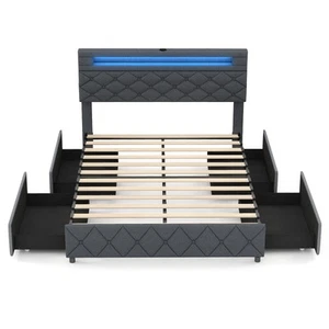 Full Size Bed Frame w/ Led Lights & Charging Station & Modern Upholstered Bed - Picture 1 of 10