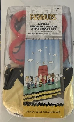 Peanuts 13 Piece Shower Curtain Rings Set Fabric Kid Adult Bathroom Decor Snoopy - Image 1 of 2