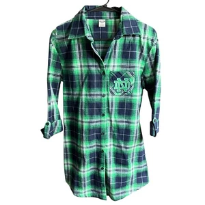 Notre Dame Concepts Sport Flannel Night Shirt Women's Green Plaid Small  - Picture 1 of 11
