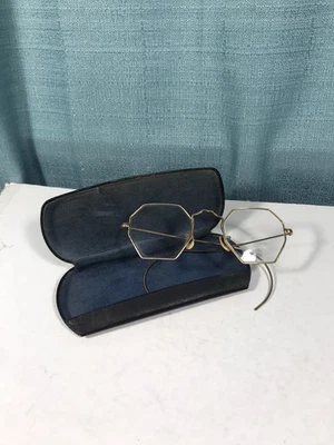 Antique Octagonal Eyeglasses Frames Fancy Gold Vintage Case Bakelite Nose - Image 1 of 4