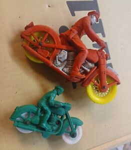 Vintage AUBURN RUBBER POLICE TOY MOTORCYCLE 4" & 3" HARLEY Red Yellow Wheels 50s