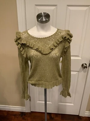 Love Shack Fancy Light Spanish Moss Green Open Knit Natalie Sweater, Size Medium - Image 1 of 4