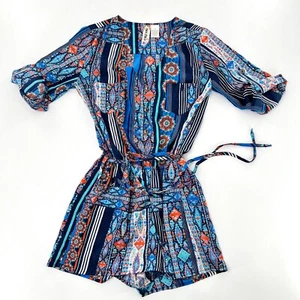 Mimi Chica Women XS Blue Romper Floral Button Up Front Waist Tie Roll Tab Sleeve - Picture 1 of 5