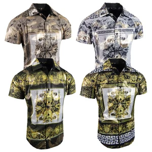 Men Short Sleeve Shirt Italian Floral Shiny Gold Stripe Flip-Cuff Stretch Slim 2 - Picture 1 of 15