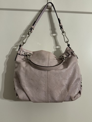 Borsa Coach in pelle traforata CC bidirezionale vernice lavanda rosa borsetta lucida