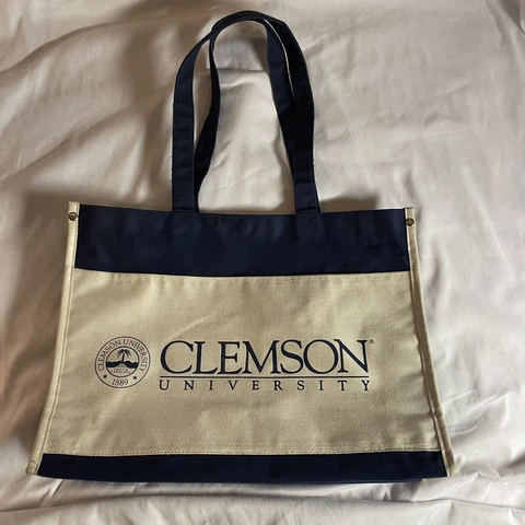 clemson university Vintage Tote Book Bag Travel Blue White Canvas spell out logo Cover