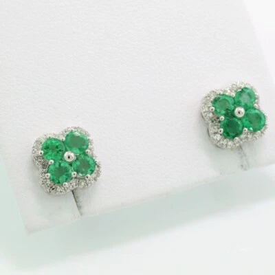 Smaragd Diamant Ohrringe 585-Weißgold leuchtendes Grün Blüte florale Ohrstecker - Bild 1 von 4