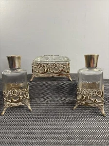 Vanity Dresser Set Filigree Trinket Dish Lidded Perfume Bottles Vtg Metal Holder - Picture 1 of 11