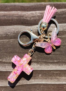 Resin Cross keychain with butterfly charm/Cross Keychain/Christian gift - Picture 1 of 1