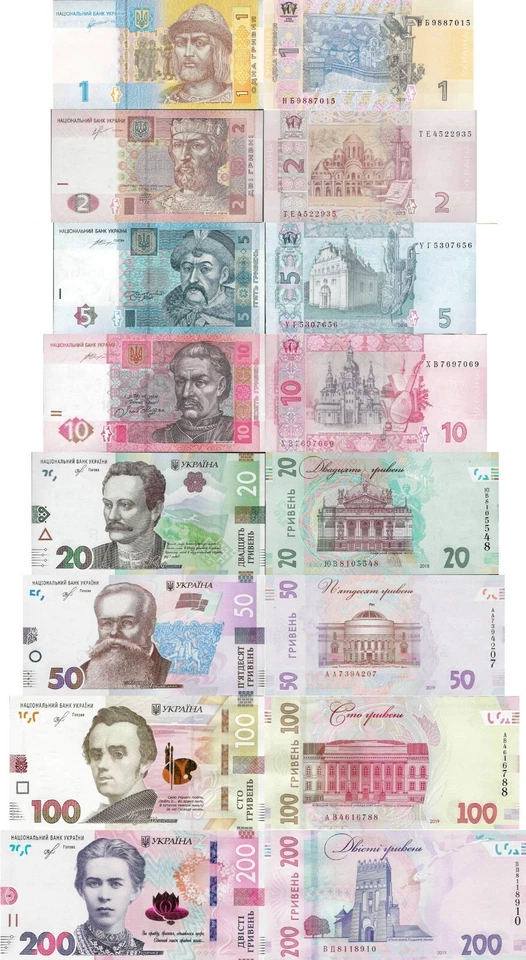 Ukraine set 8 pcs 1+2+5+10+20+50+100+200 Hryvnia - Pick 116-126 UNC random years - Image 1 of 1