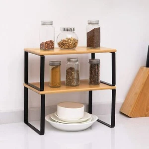 Set of 2 Wood Kitchen Organizer Rack Counter Storage Shelf Expandable Stackable - Picture 1 of 7