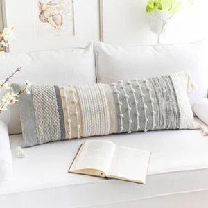 Gray Boho Lumbar Throw Pillow Cover 14x36 Grey Accent Long Body Lumbar Pillow - Picture 1 of 6