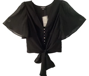 NWT Bebe Tie Button up FLUTTER SLEEVE Blouse TOP Black Sz XS - Picture 1 of 9