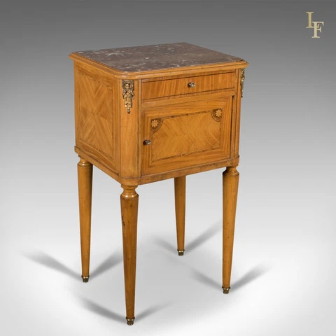 French Antique Bedside Cabinet, Marble Top Nightstand c.1890 Cover