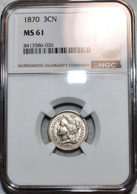 NGC MS-61 1870 Nickel Three Cent Piece, Highly Lustrous, Attractive specimen. - Image 1 of 2