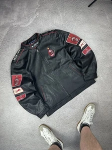 AC Milan Leather Jacket Vintage Wolf MDX Sport Black Red Opel Patch Size XL - Picture 1 of 10