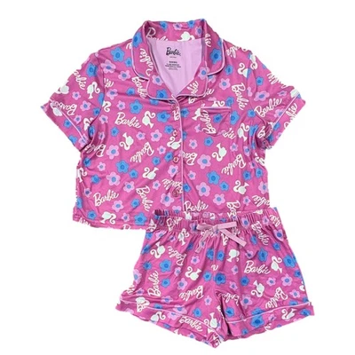 Barbie Niñas Rosa Flores Pijama Pantalones Cortos y Botón Frontal Top Conjunto para Dormir L 10/12 Foto 1 de 3
