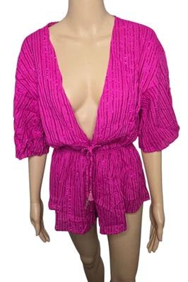 Mameluco Victoria's Secret Cover Up Rosa Caliente Metálico Brillante Talla XS Borlas Nuevo con Etiquetas Foto 1 de 4