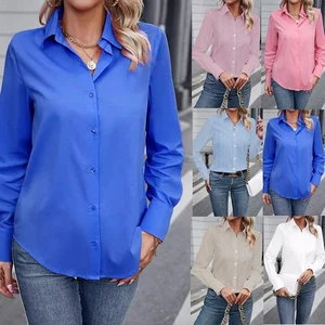 Ladies Casual Long Sleeve T-shirt Blouse Work Tops Button Pullover Tunic Shirts - Picture 1 of 14