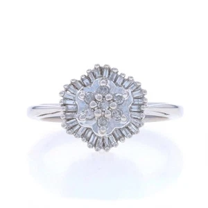 White Gold Diamond Cluster Cocktail Halo Ring - 14k Single Cut & Baguette 1/4ctw - Picture 1 of 9