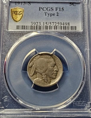 1913 S BUFFALO NICKEL TYPE 2 PCGS F15 - Image 1 of 2