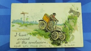 Vintage Motoring Comic Postkarte 1906 Veteran Messing Auto Renault Esel wegschreiben - Bild 1 von 2