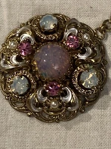 Vintage West Germany Glassfoiled Opal Necklace Moonstone Rhinestones Filigree - Picture 1 of 8