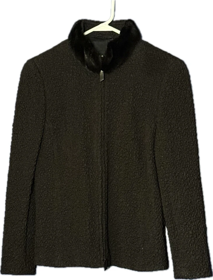 Blazer Akris Bergdorf Goodman para mujer marrón cuello de piel cremallera frontal talla 8 Foto 1 de 4
