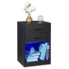 2 Drawer Nightstand with LED Light and Charging Station Bedside Table Cabinet