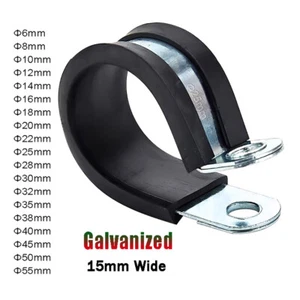 15MM Wide Rubber Lined P Clips Galvanizing 6mm-55mm Sizes Pipe Cable Hose Clamp - Bild 1 von 9