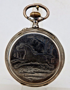 Große bäuerliche Herrentaschenuhr mit Pferdemotiv Silber um 1900 (94574)