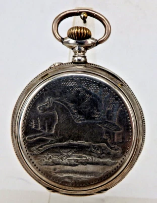 Große bäuerliche Herrentaschenuhr mit Pferdemotiv Silber um 1900 (94574) - Bild 1 von 4