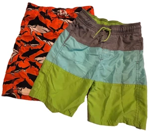 Lot of 2 Boys Swim Trunks Orange Sharks Green Elastic Tie Board Shorts M 7-10 - Picture 1 of 13