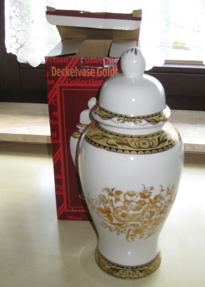 Deckelvase Goldblüte, Ming Collection Vase mit Blütenmuster Gold ***NEU + OVP*** - Bild 1 von 4
