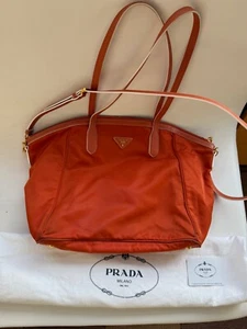 PRADA ORANGE LEATHER & NYLON BAULETTO HANDBAG BR4664 PAPAYA TESSUTO SAFFIAN - Picture 1 of 13