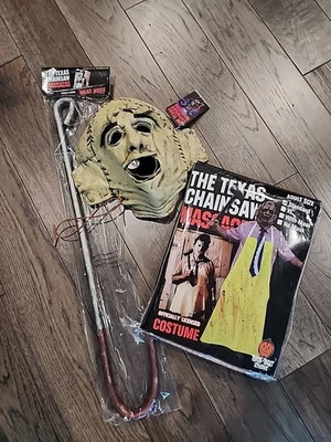 Conjunto de disfraz de cara de cuero The Texas Chainsaw Massacre máscara, traje, 🪝 Combo de gancho Foto 1 de 4