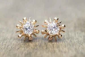 7mm Old European Cut Moissanite Stud Earrings Antique Dainty Sunburst Studs Her - Picture 1 of 7
