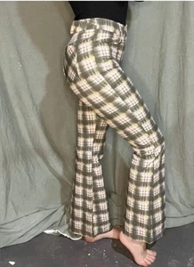 Cider Flared Trouser Pants Womens M Green Check Flower Button Retro BOHO - Picture 1 of 14