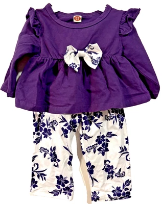 Purple Flower 2 Piece Girls 3-6 Month Outfit - Image 1 of 3