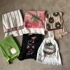 Vintage Lot Of 6 Kitchen Bath Dish Towels Christmas Towels - Picture 1 of 5