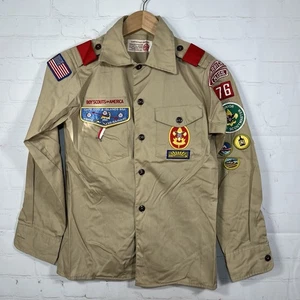 VTG Boy Scouts of America BSA Shirt Tan Patches Long Sleeve Mens Small Uniform - Picture 1 of 15