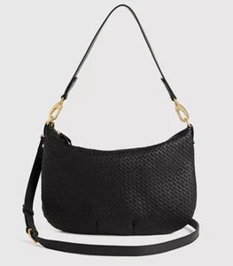*NUEVO CON ETIQUETAS*Bolso de Hombro Mequince Italiano Cuero Convertible Media Luna Tejido a Mano -Negro - Imagen 1 de 7