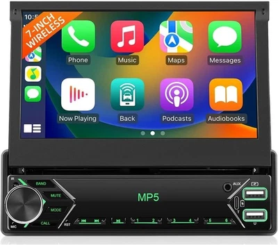 Motorsi 7″ Autoradio 1DIN Wireless CarPlay Android Auto Bluetooth USB AUX - Image 1 of 4