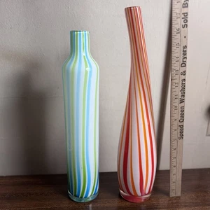 2 Vtg Murano ? Style Striped Art Glass Vase Bottle Red Orange White Blue Green - Picture 1 of 7