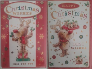 2 X Christmas Cards Open Design Cute Reindeer With Envelope Family Friends - Picture 1 of 1