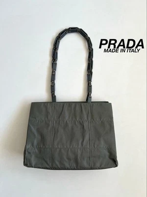 PRADA TESSUTO Nylon Chain Shoulder Bag Khaki Leather Vintage 90s Authentic - Image 1 of 4