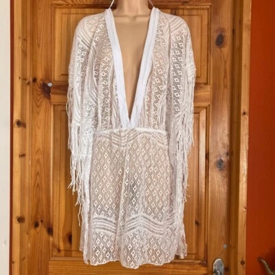 NWT White Tassel Beach Cover Up Crochet Poncho IMPORTED FROM USA - XL  UK 14 - Image 1 of 4