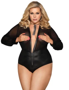 Sexy Size 8-10 Faux Leather Sheer Black Long Sleeve Lingerie Bodysuit - Bild 1 von 8