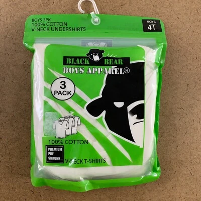 Camiseta camiseta preta urso criança menino tamanho 4T algodão branco pacote com 3 gola V nova com etiquetas - Imagem 1 de 4