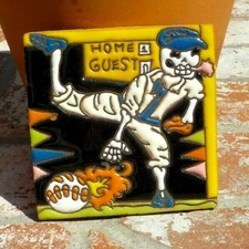 DAY OF THE DEAD BASEBALL PITCHER RED TILE 4 IN x 4 IN TALAVERA MEXICO FREE SHIP
